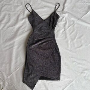 Silver Sparkly Threaded Fitted Asymmetrical Party Mini Dress